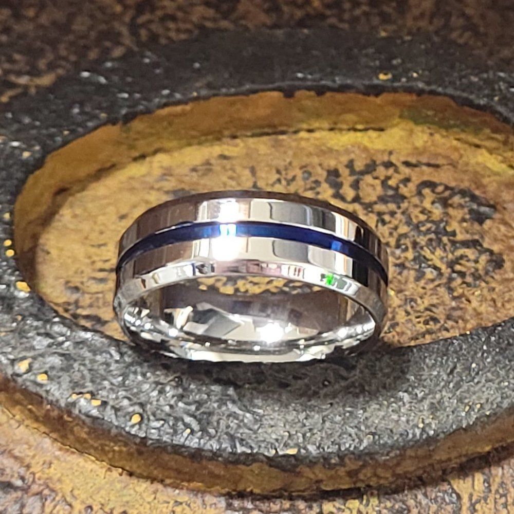 Men's Silver Promise Ring Band - Blue Line Center Groove Blue Line Promise Ring - Picture 4 of 8
